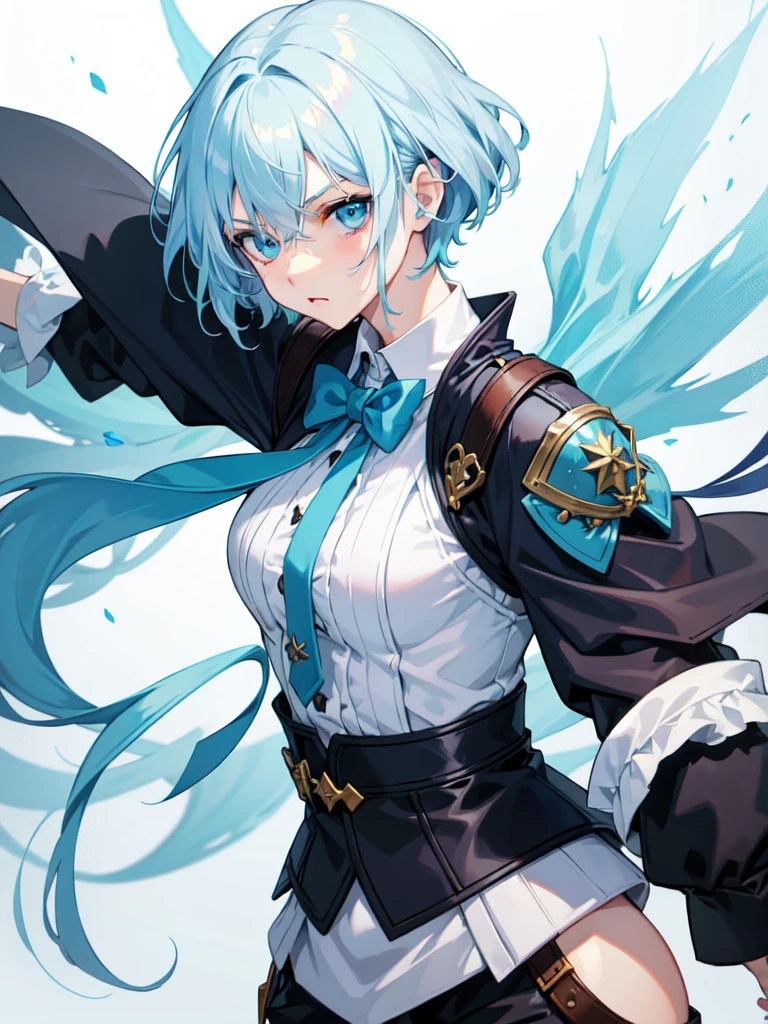 1 girl, light blue hair, light hair hair, sharp eyes, light blue eyes, bow, serious look, masterpiece, high quality, fantasy eyepatch, unique eyepatch, short hair, short hair, very short hair, unique hair, special hair, boy hair, white combat clothes