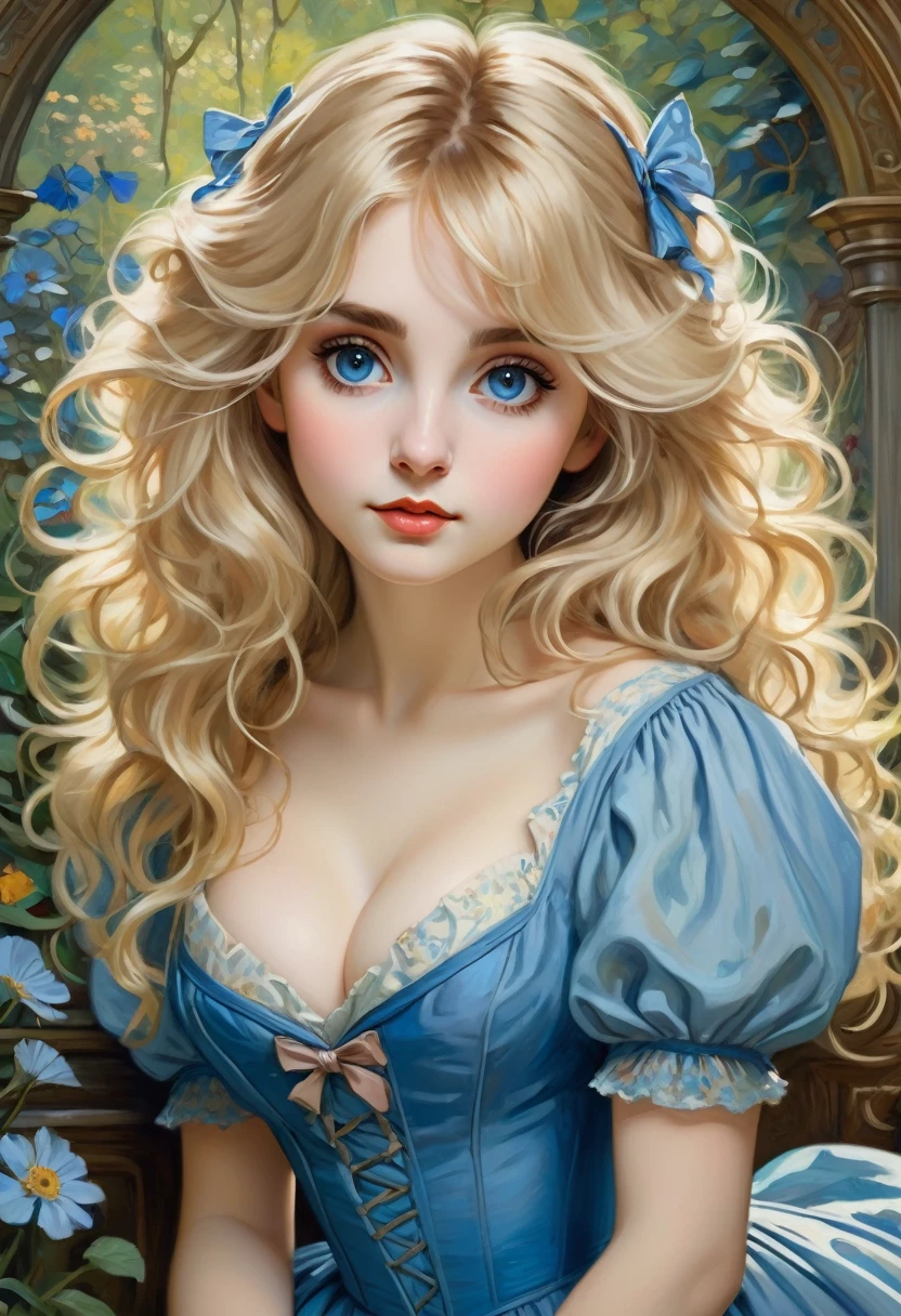 Alice in Wonderland With big messy Blonde Hair, Big Eyes, Adorable Features, Natural Hourglass Figure, Wearing blue dress, Fair Skin, And A Low-Cut, Resembling The Beauty Of Alphonse Mucha's Artwork And Impressionist Paintings By Artists Like Konstantin Razumov And Pierre-Auguste Renoir. The Portrait Is Detailed And Textured, Reminiscent Of Claude Monet's Style.