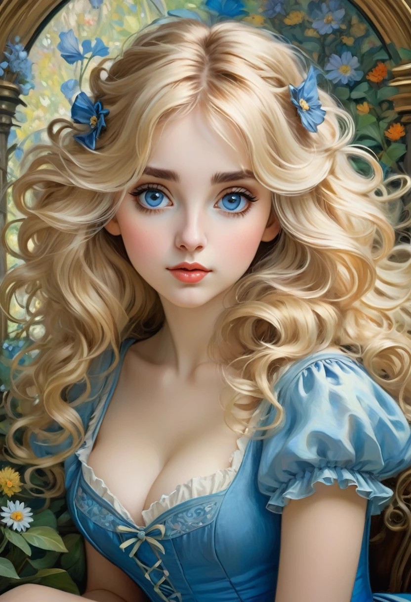 Alice in Wonderland With big messy Blonde Hair, Big Eyes, Adorable Features, Natural Hourglass Figure, Wearing blue dress, Fair Skin, And A Low-Cut, Resembling The Beauty Of Alphonse Mucha's Artwork And Impressionist Paintings By Artists Like Konstantin Razumov And Pierre-Auguste Renoir. The Portrait Is Detailed And Textured, Reminiscent Of Claude Monet's Style.