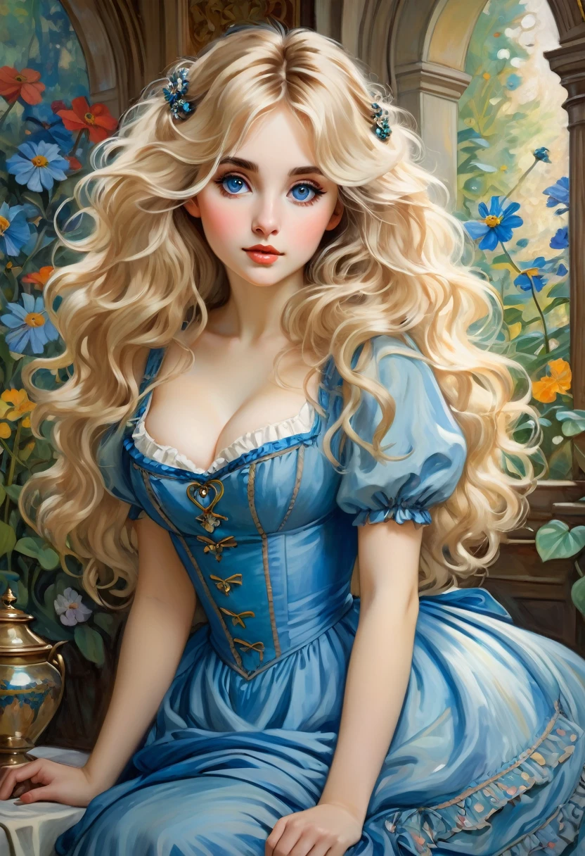 Alice in Wonderland With big messy Blonde Hair, Big Eyes, Adorable Features, Natural Hourglass Figure, Wearing blue dress, Fair Skin, And A Low-Cut, Resembling The Beauty Of Alphonse Mucha's Artwork And Impressionist Paintings By Artists Like Konstantin Razumov And Pierre-Auguste Renoir. The Portrait Is Detailed And Textured, Reminiscent Of Claude Monet's Style.