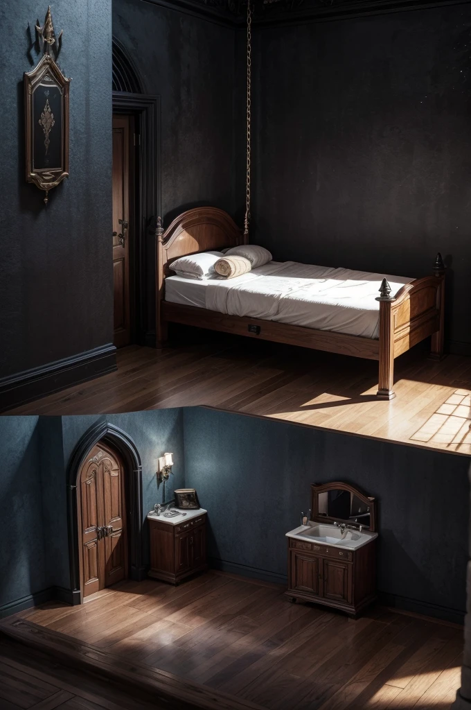 Realistic HD bdsm room of a mystical castle, modern fantasy world. There is a bed, vibrators, handcuffs etc....

