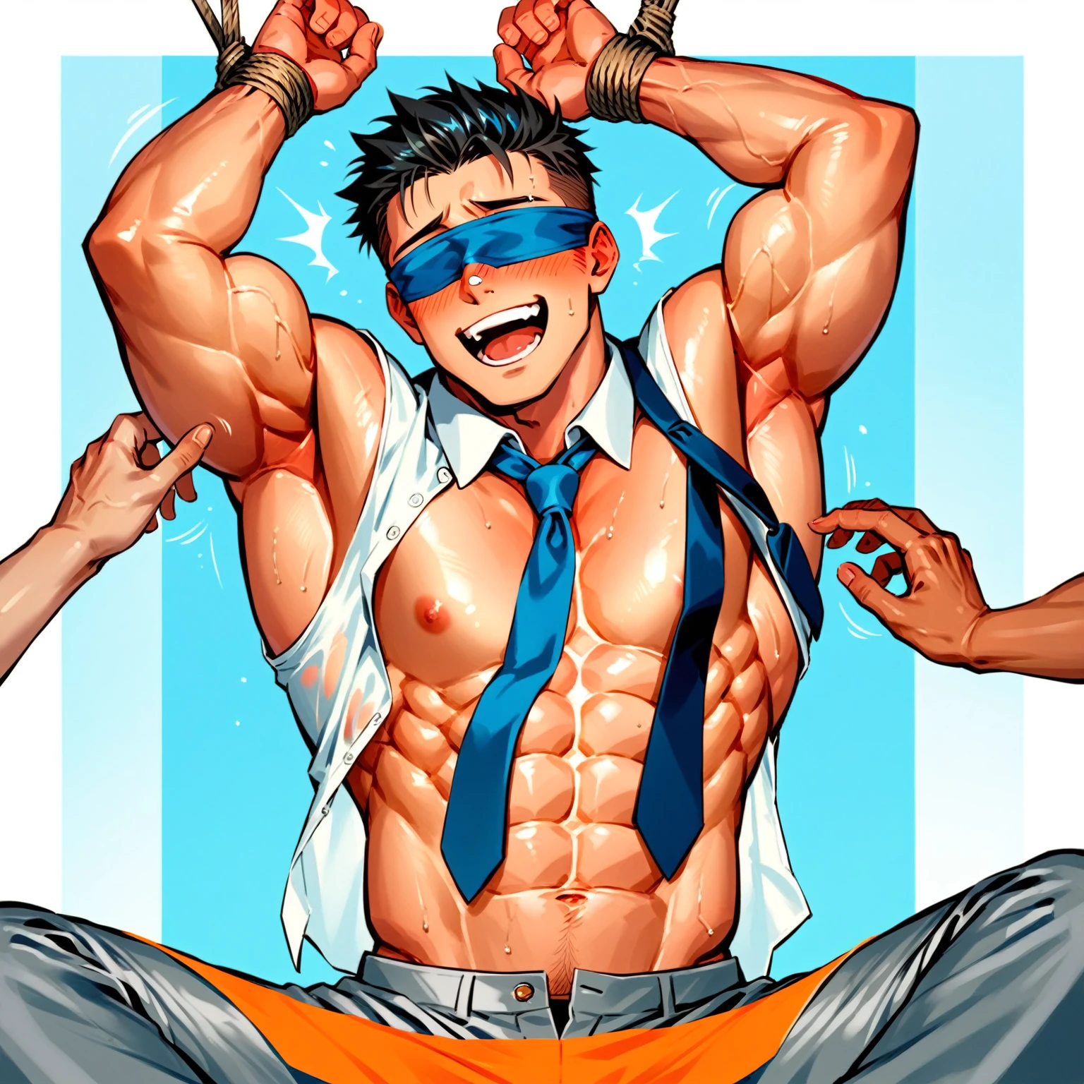 , black haired handsome muscular man wearing an open button White shirt and blue tie and grey pants laughing, hands above head tied up, blindfolded, blushing face, brown paint on his nose, armpits tickling by hands, ribs tickling by hands, office background 