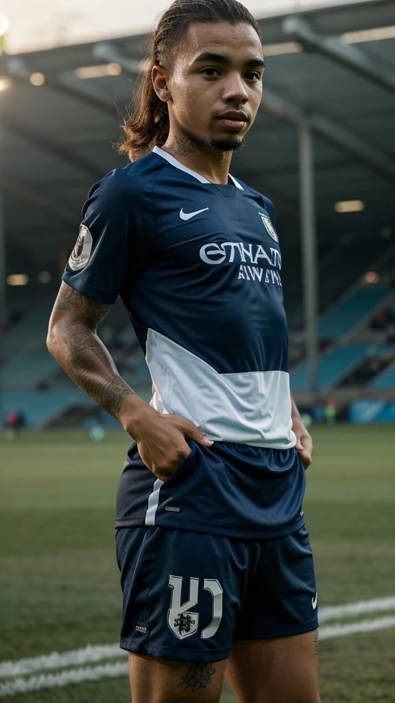 (Best Quality), (Full HD), (Gabriel Jesus), (Afternoon), (Sunset), (Soccer field), (Soccer Match), (Dark blue uniform and white).
