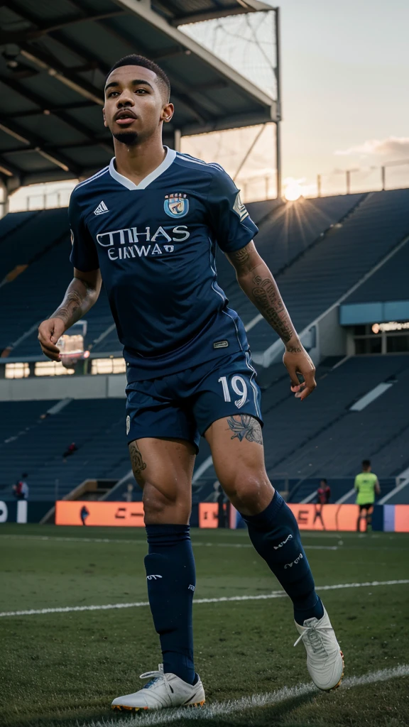 (Best Quality), (Full HD), (Gabriel Jesus), (Afternoon), (Sunset), (Soccer field), (Soccer Match), (Dark blue uniform and white).