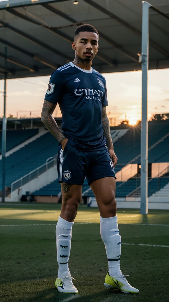 (Best Quality), (Full HD), (Gabriel Jesus), (Afternoon), (Sunset), (Soccer field), (Soccer Match), (Dark blue uniform and white).