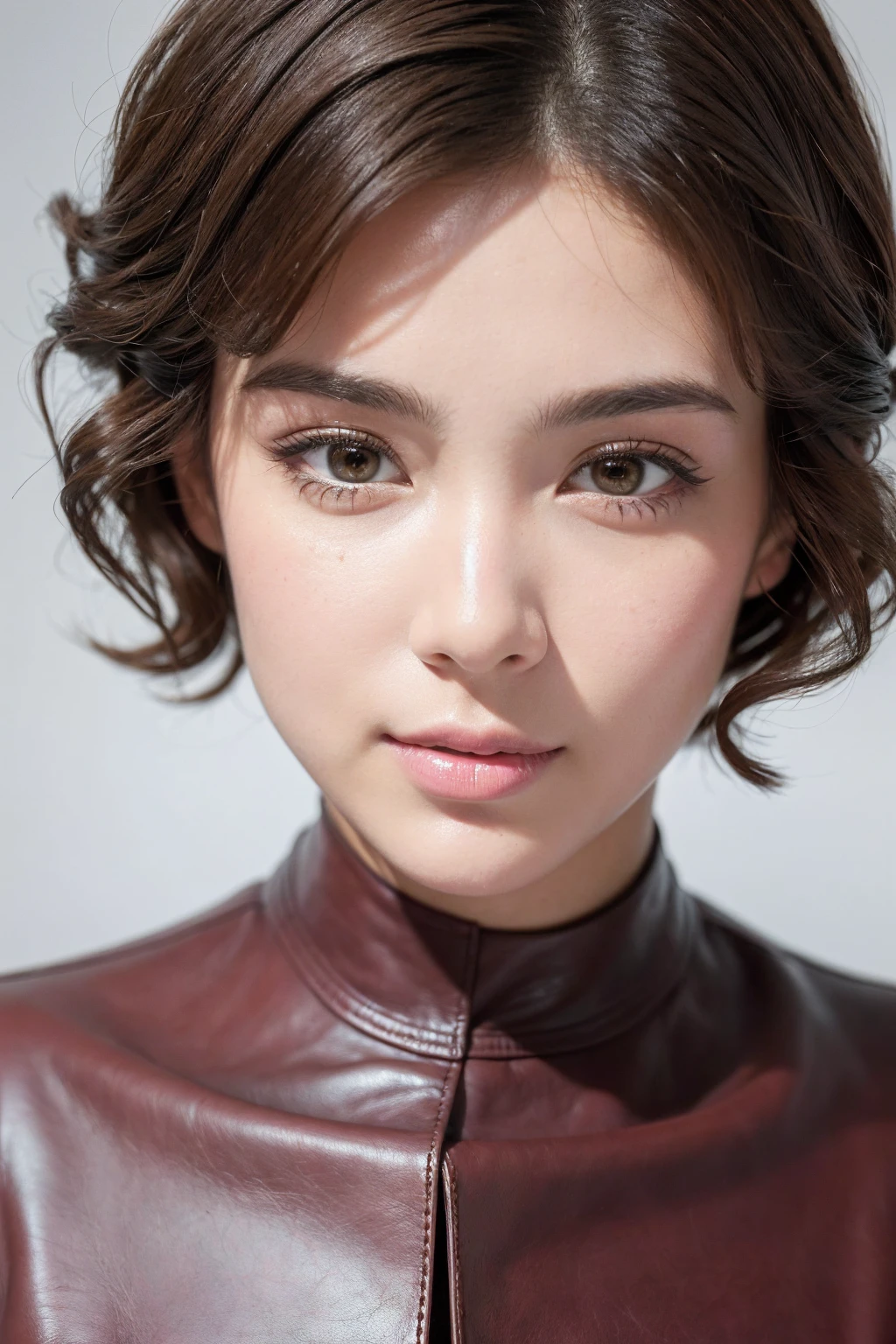 (best quality、4k、8k、highreasterpiece:1.2)、ultra detailed、(realism、photorealistic)、(1woman:1.3 22-year-old)、brown_eyes、((Fujicolor、daytime soft lighting)、fashion supermodel、(ultra detailed: short curly hair)、(pink_makeup)、(pleated modest leather BDSM costume)、dynamic pose、((close-up of her face: 1.33))