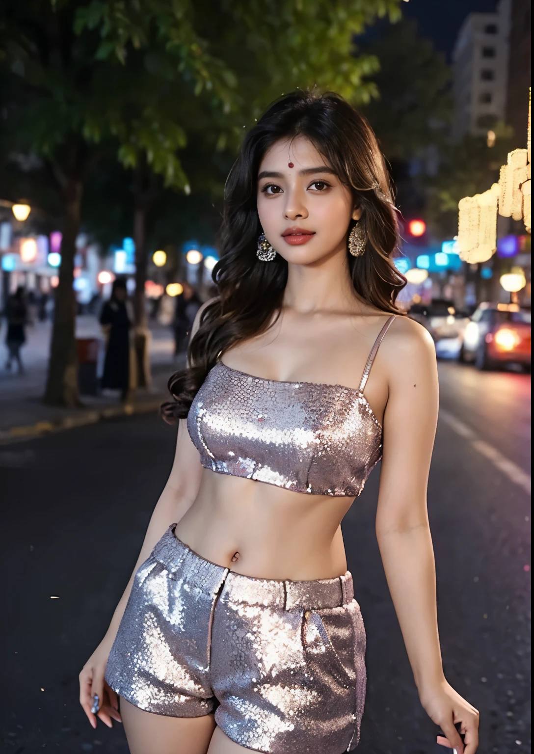 (((desi girl))), chubby face, natural skin, wearing hot deep neck top and dupatta, charming black hair, ((hair ends are blonde)), city streets background,(wearing glitter graphics jewelry), round Young Breast, bright light, long_hair, Bokeh, indian ,tree branch, colourfull,princess dress((choli:1.2,shorts;1.5))