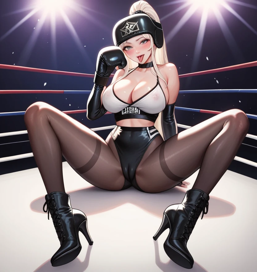 korean beautifull girl，18 years old,Pretty Face，Good shape，detailed picture, Seductive expression sticking out tongue， blush，White long hair, Wear wrestling clothes，Wear black pantyhose，high-heel boots, Wearing black boxing gloves，Wearing a boxing helmet，Black sleeves on arms, Sitting in the boxing ring，Large Breasts,Cleavage,Long legs，Thin waist，nipple，Camel toe，M leg