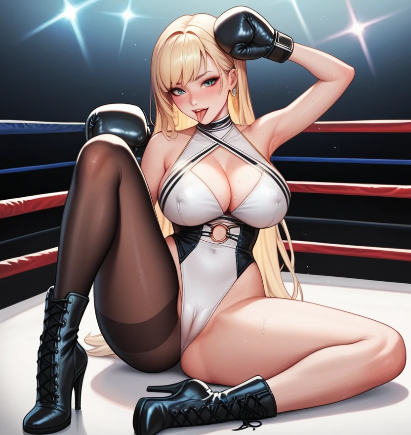 korean beautifull girl,18 years old,Pretty Face,Good shape,detailed picture, Seductive expression sticking out tongue, blush,White long hair, Wear wrestling clothes,Wear black hose,high-heel boots, Wearing black boxing gloves,Wearing a boxing helmet,Black sleeves on arms, Sitting in the boxing ring,Large Breasvage,Lonhin waist,nipple,Camel toe,M l