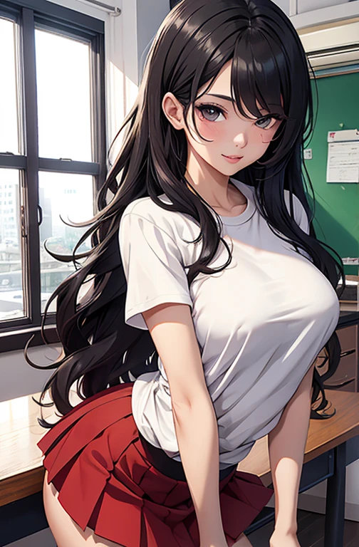 masterpiece, best quality, best lighting, shadows, perfect anatomy, 1 girl, adult anime girl, 21 years old, mature features, showing tits, bitchy face, pretty lips, pretty eyes, black wavy hair, black eyes, seductive eyes, blushing, flirty, pretty smile, tiny red skirt, white tight shirt, classroom background, ass, breast, thighs, seductive, spicy, hot, flirty, nsfw,