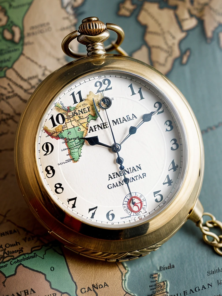 Create an image of an analog pocket watch placed on top of an African map, make it look vintage and stylish and it should be landscape side