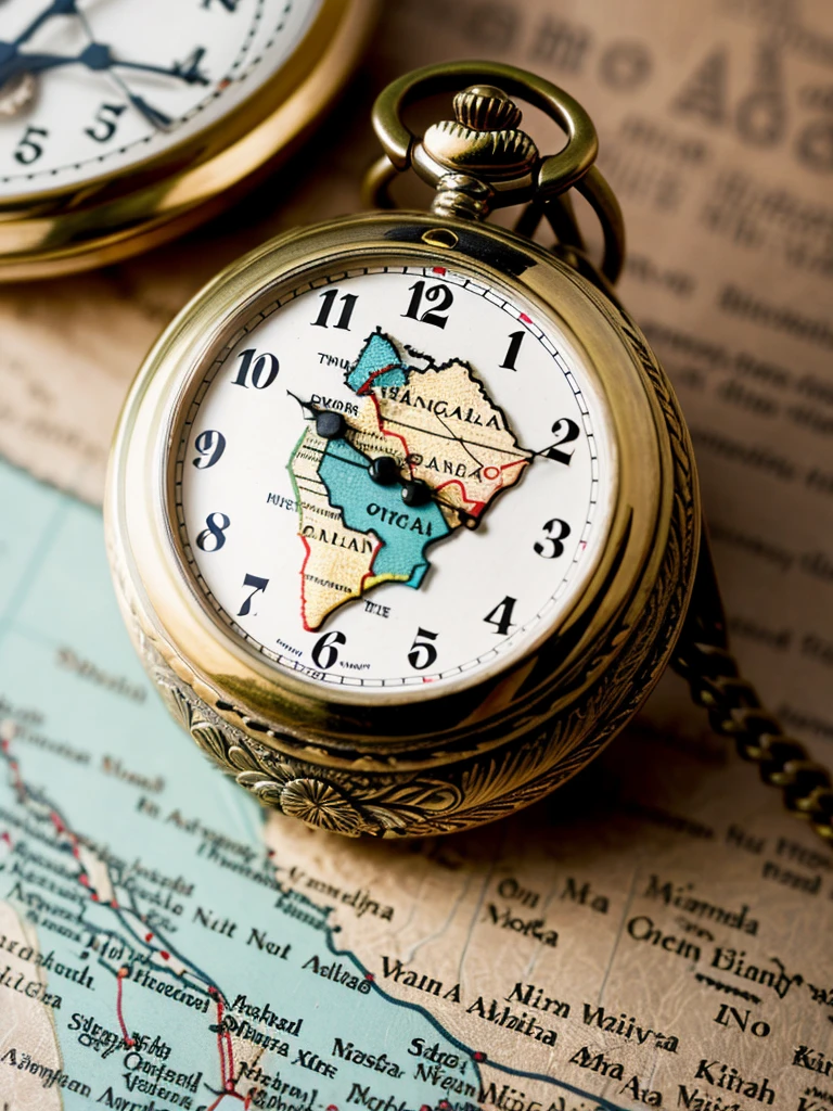 Create an image of an analog pocket watch placed on top of an African map, make it look vintage and stylish and it should be landscape side