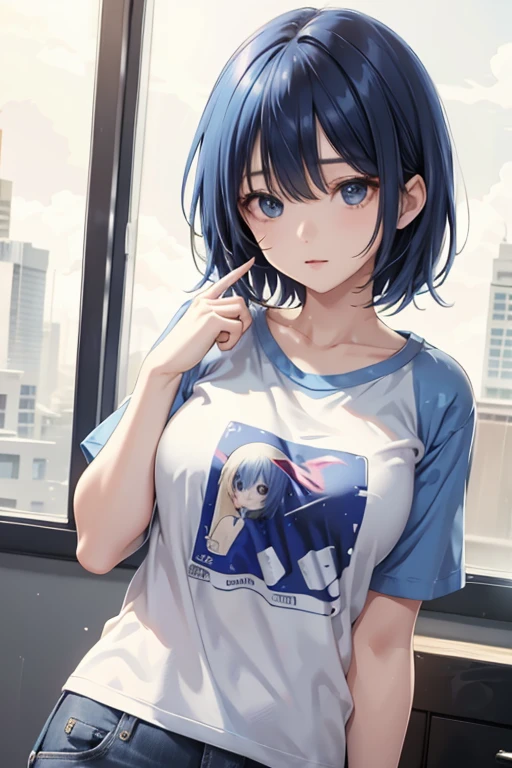 1girl,solo,blue hair,Cobalt blue Hair,Short hair,(T-Shirts:1.2),Baggy shirt