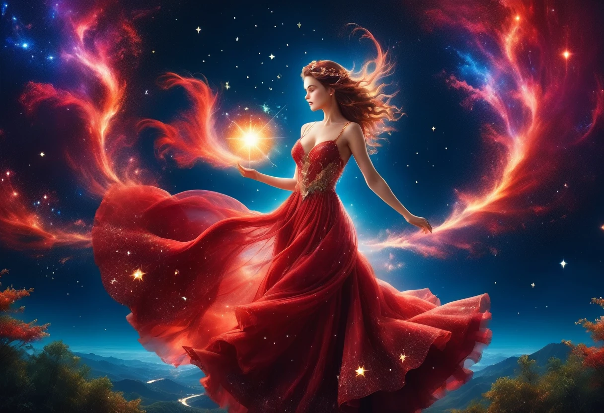 a portrait of an astrologer looking at libra constellation in the night sky, an extraordinary beautiful woman, there is magic in her eyes divining the future from the Libra constellation, dynamic hair color, dynamic hair style, wearing an intricate red dress decorated with glowing stars, she looks to the night sky seeing the ((Libra constellation in the sky: 1.5)), vibrant, Ultra-high resolution, High Contrast, (masterpiece:1.5), highest quality, Best aesthetics), best details, best quality, highres, 16k, [ultra detailed], masterpiece, best quality, (extremely detailed), Cinematic Hollywood Film, magical sky, RagingNebula
