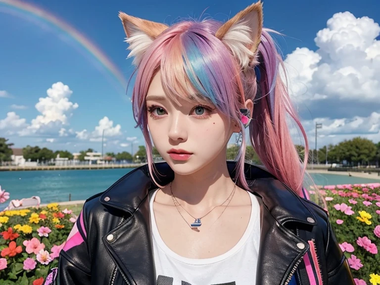 Flowers、Rainbow Hair、Headphones、Cat ear、Seven-colored hair、leather jacket,Flowers and sky background、Young face、Huge 、ponytail、first round、necklace、jewelry、Tank top
