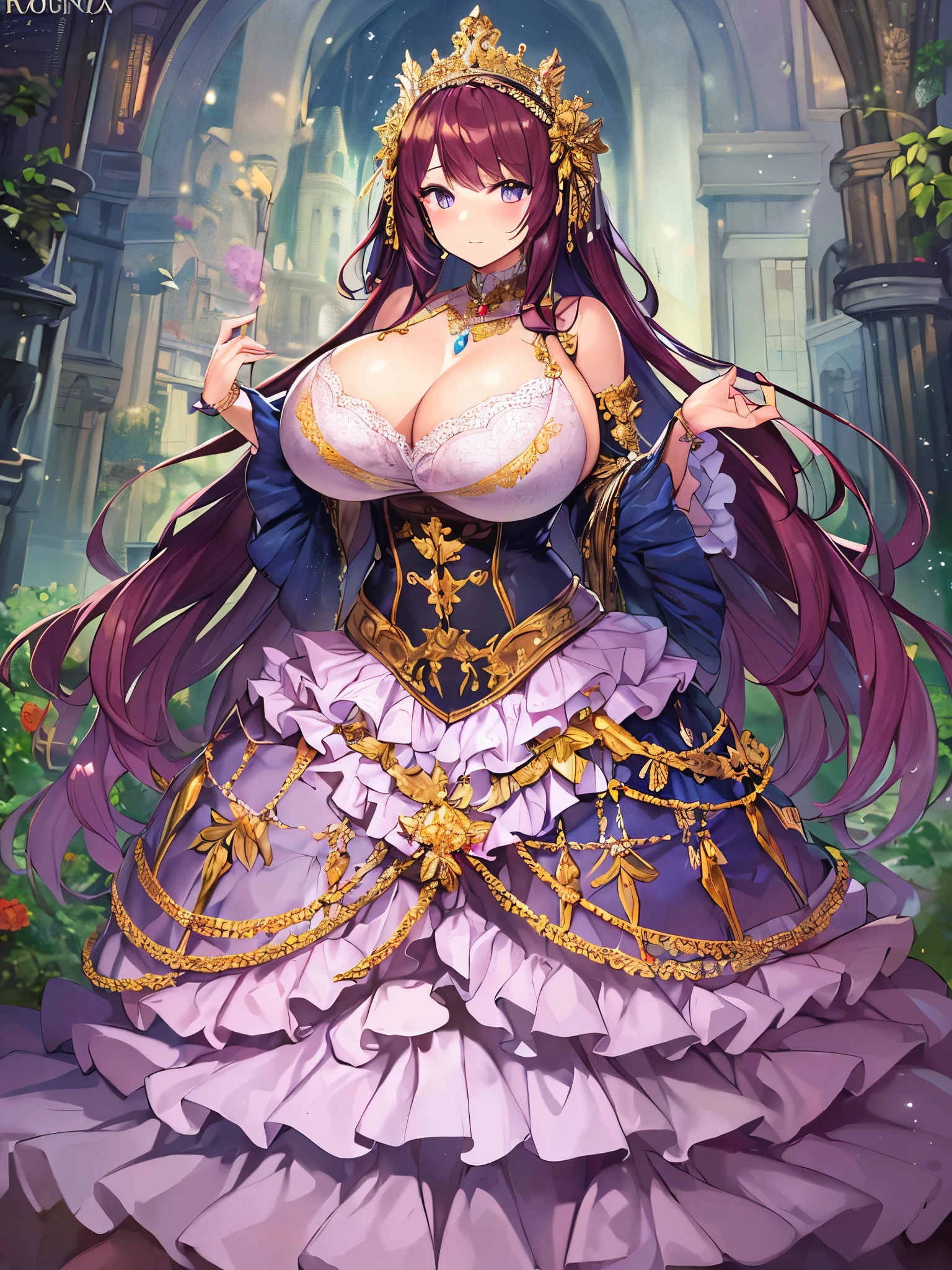 ((moe anime artstyle)),((Masterpiece)),(Best Quality),((Super Detail)),((Very Delicate and Beautiful)),Solo,full body,((full body portrait)),absurdly gigantic tits,(((1 bling-bling princess in beautiful embroidery and jeweled gorgeous rococo ballgown with voluminous full length crinoline hoop skirt))),(((((absurdly gigantic tits,curvy))))),deep cleavage,Skindentation,(detailed face and eyes),jewel-like eyes,((crinoline,long train,beautiful embroidery and jeweled lace-trimmed crinoline rococo ballgown with voluminous full length crinoline hoop skirt)),super detailed voluminous gorgeous jeweled rococo ballgown with voluminous full length crinoline hoop skirt,((bling-bling voluminous gorgeous jeweled rococo princess ballgown with voluminous full length crinoline hoop skirt)),((absurdly long Straight hair)),extremely gorgeous hair ornament,((extremely gorgeous big tiara)),luxurious jewelry,((beautiful embroidery and jeweled gorgeous rococo ballgown with voluminous full length crinoline hoop skirt)),(((absurdly gigantic tits))),standing pose,palace garden,Looking at viewer,full body