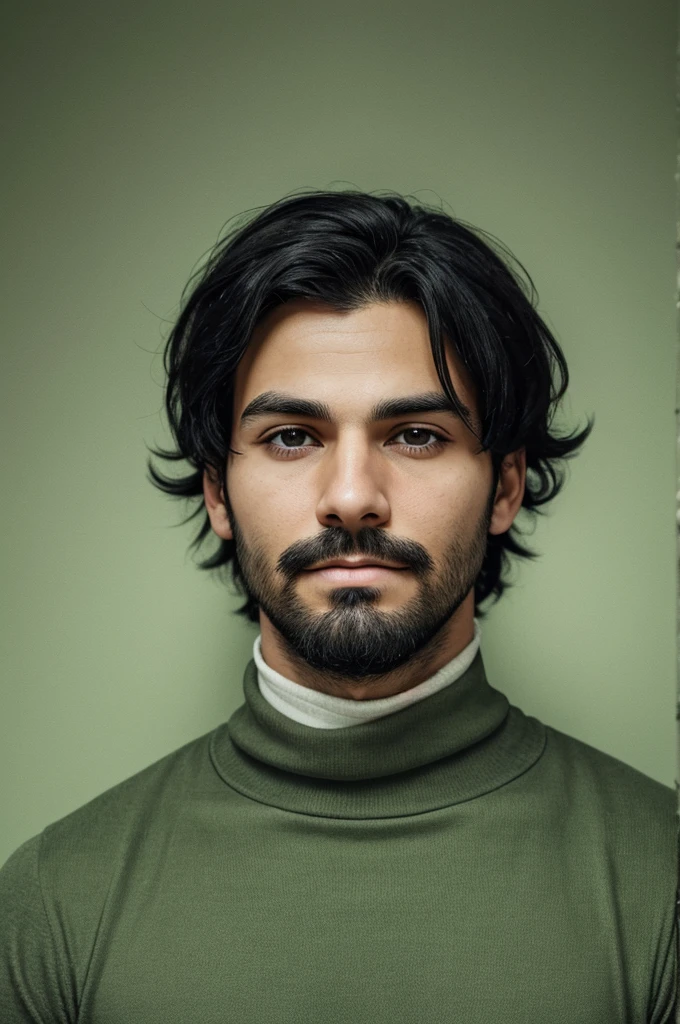 realistic portrait of a young man with shaggy black hair and a thin beard on his chin only. He has a serious expression and is wearing a bandage on his nose.. He wears a white turtleneck and a black coat.. The background is light green with scattered black details.