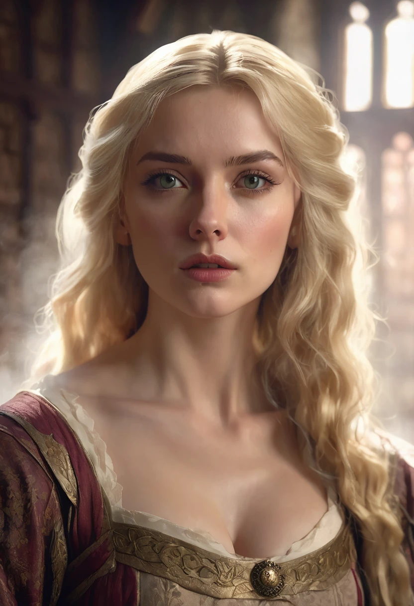 1 woman, inside a simple medieval room, wearing simple sensual medieval courtesan clothing, detailed facial features, light and feminine eyes, detailed fair skin, medium length messy blonde hair, strong and slightly angry expression, dramatic lighting, cinematic composition, warm color palette, atmospheric fog, beautiful face, thin chin, beautiful woman with slender body (best quality, 4K, 8K, high resolution, art: 1.2), ultra-detailed, (realistic, photorealistic, photorealistic: 1.37)