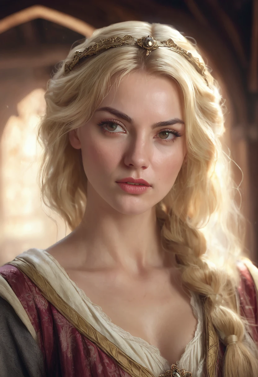 1 woman, inside a simple medieval room, wearing simple sensual medieval courtesan clothing, detailed facial features, light and feminine eyes, detailed fair skin, medium length messy blonde hair, strong and slightly angry expression, dramatic lighting, cinematic composition, warm color palette, atmospheric fog, beautiful face, thin chin, beautiful woman with slender body (best quality, 4K, 8K, high resolution, art: 1.2), ultra-detailed, (realistic, photorealistic, photorealistic: 1.37)