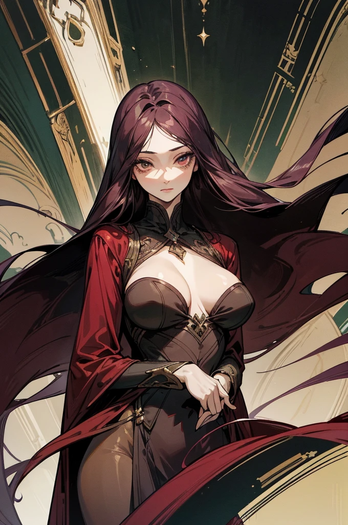 Beautiful adult girl, long straight burgundy hair, narrow green eyes, Long eyelashes, , revealing clothes, big breasts, open bodice, deep neckline, Rich decorations, Dark background, pale picture, a lot of details, atmosphere of villainy, shine, uncertainty, disturbance, tanned skin, fetter