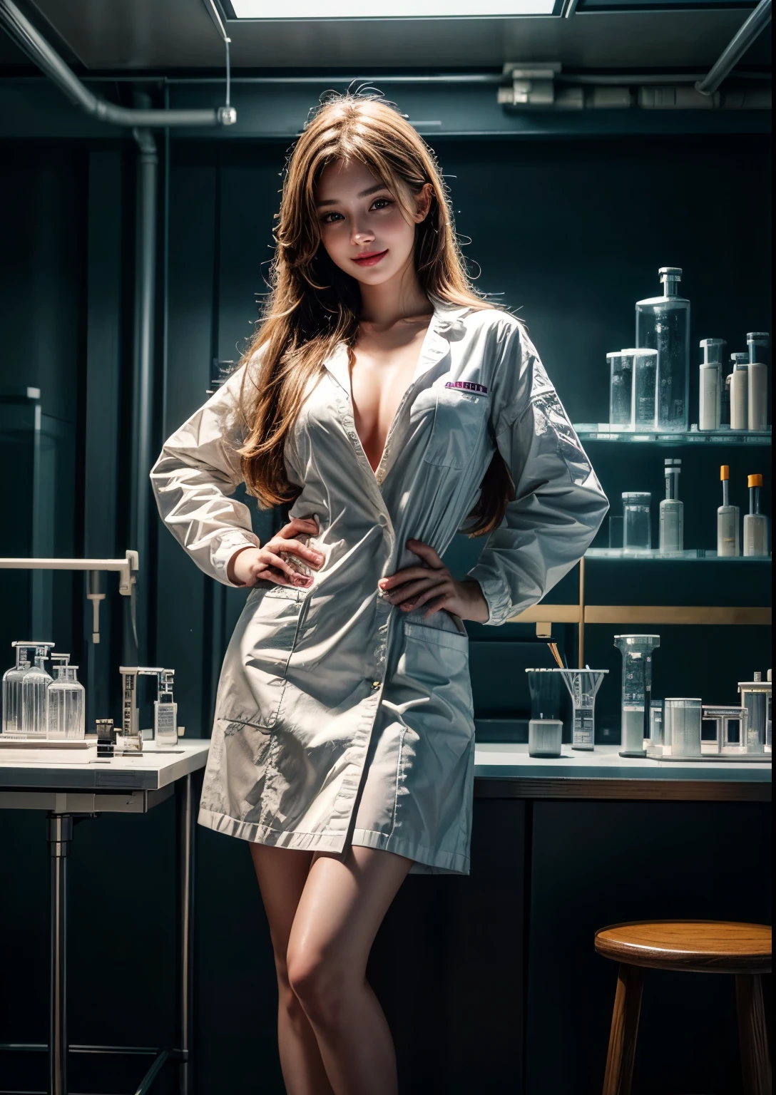 A beautiful 20 year old Russian girl in a long white lab coat, standing beside various laboratory testing equipment, photorealistic, extremely detailed face, beautiful eyes, detailed lips, long eyelashes, expression of curiosity, laboratory interior, complex scientific instruments, glass beakers and tubes, high quality lighting, cinematic composition, vibrant colors, digital painting, 4K, 8K, UHD, realistic, Ultra Sharp, vivid, High resolution picture quality, full-body shot, Super round breasts, Perfect Figure, Slender, pretty, cute, bright skin, realistic smile, cute smile,