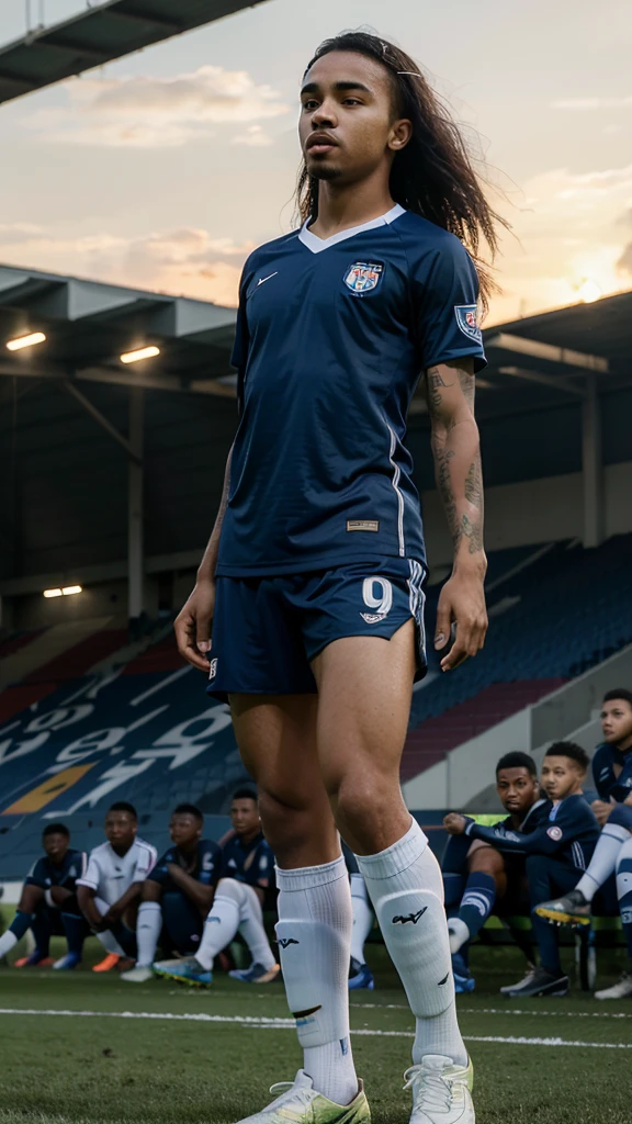 (Best Quality), (Full HD), (Gabriel Jesus), (Afternoon), (Sunset), (Soccer field), (Soccer Match), (Dark blue uniform and white).