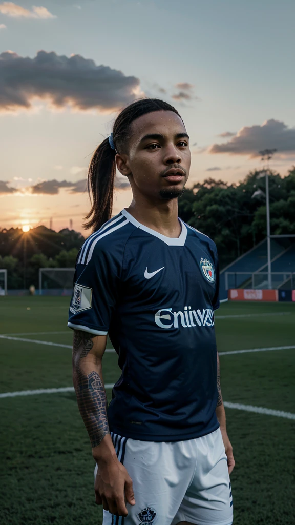 (Best Quality), (Full HD), (Gabriel Jesus), (Afternoon), (Sunset), (Soccer field), (Soccer Match), (Dark blue uniform and white).