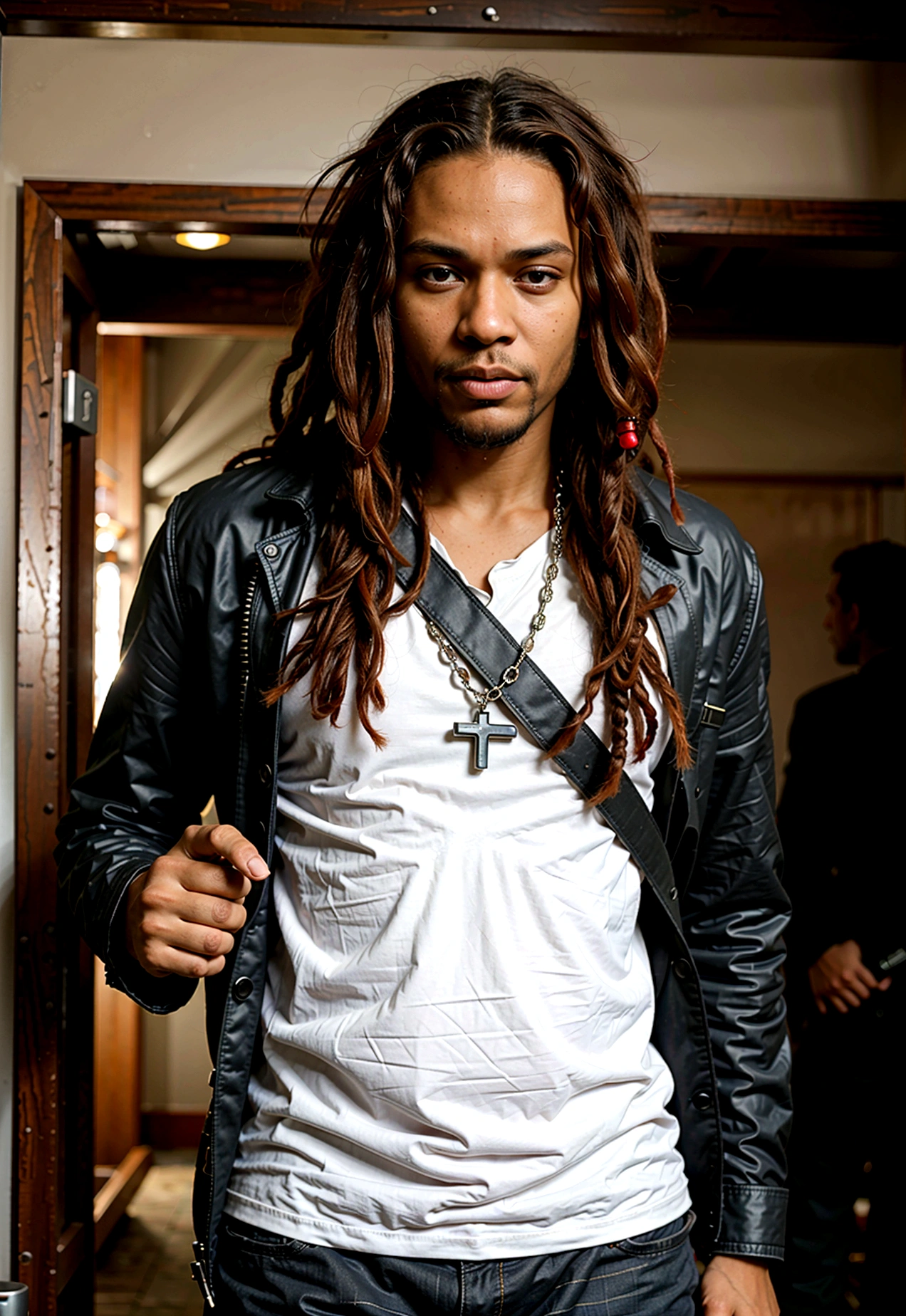 A tall black man with red dreadlocks and a red beard, from a gang, stands with a gun in his hand