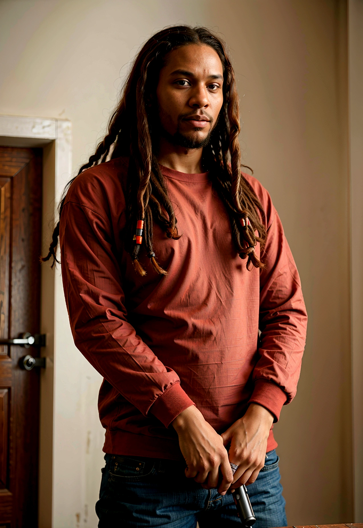 A tall black man with red dreadlocks and a red beard, from a gang, stands with a gun in his hand