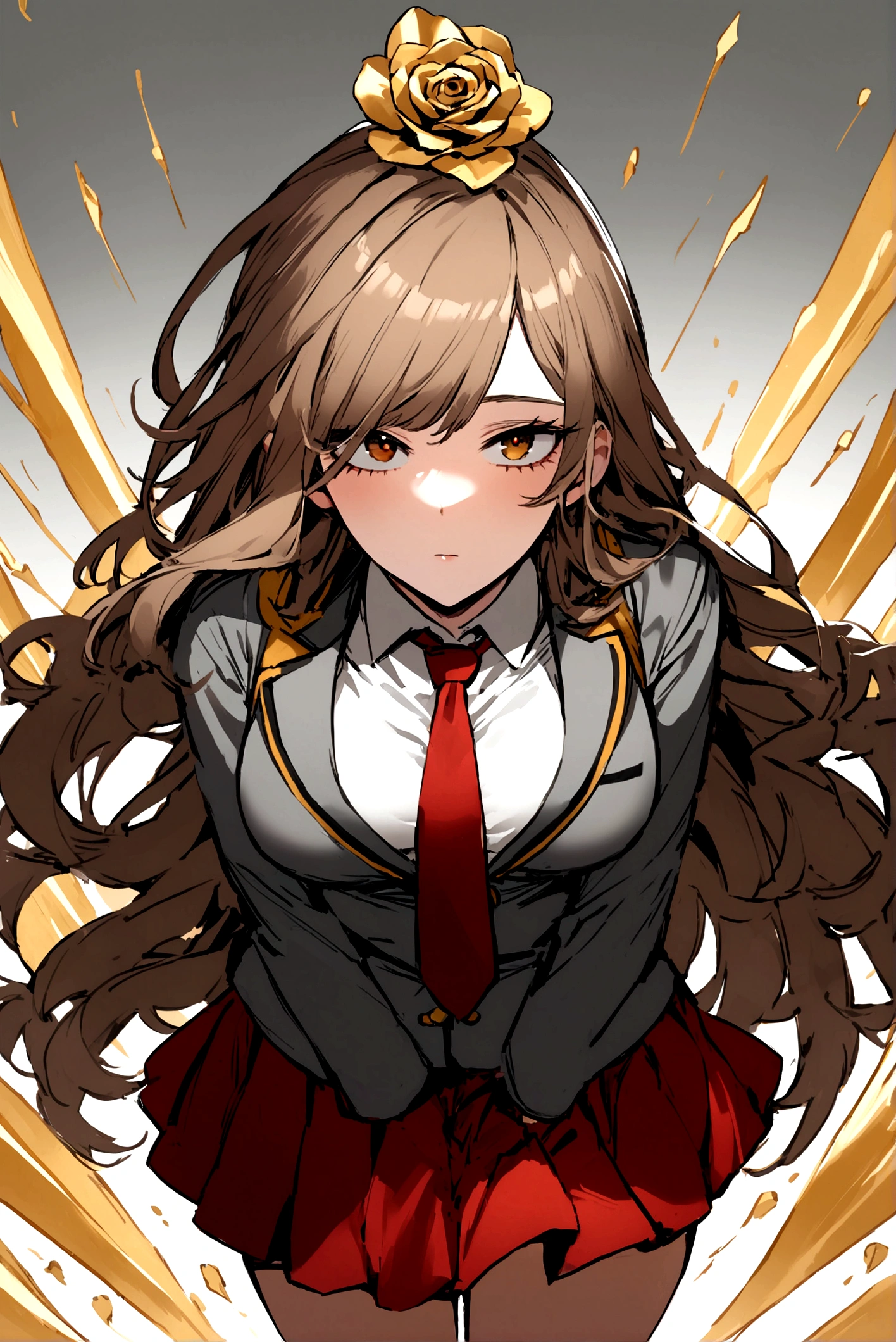Girls in the style of My hero academia chicha with light brown broken hair and a right strand of golden rose color,medium large eyes, with a flirtatious and challenging look, Left eye color brown and right eye color golden rose, UA uniform gray jacket, white shirt red tie and short gray skirt, tableada  , view from front 