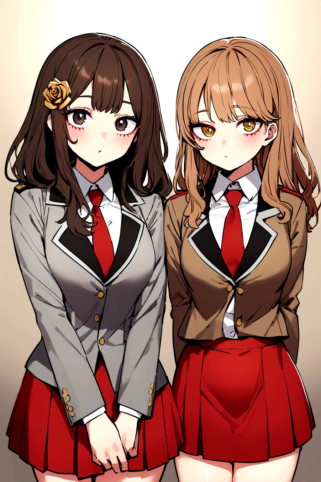 Girls in the style of My hero academia chicha with light brown broken hair and a right strand of golden rose color,medium large eyes, with a flirtatious and challenging look, Left eye color brown and right eye color golden rose, UA uniform gray jacket, white shirt red tie and short gray skirt, tableada  , view from front 