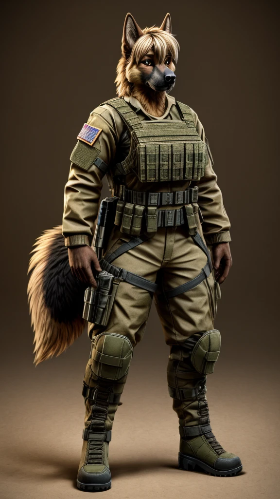 Female german shepherd, mature adult, anthro, beige cream hair, fringe, brown eyes, wearing a bulky military combat suit, standing, detailed, solo, beautiful, high quality, full body, 4K, clear background