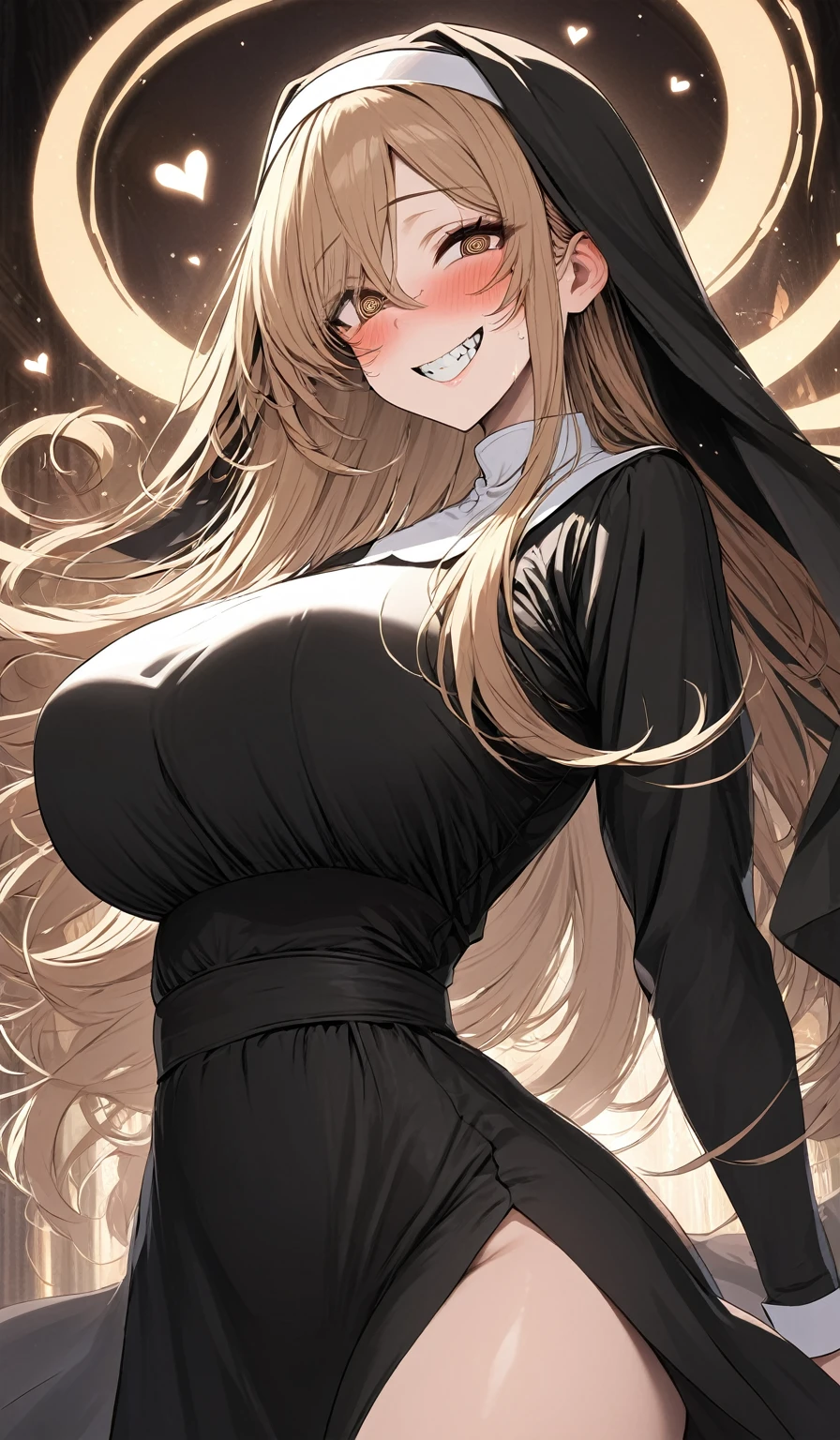A masterpiece, very detailed, ultra detailed, one, (1 woman), a woman in black and white clothes of nuns, brown eyes, spiral eyes, with blush on her face, with a large toothy crazy and obsessed smile, long golden straight hair and parting on the sides, with huge breasts, an aura of love and bright hearts around her, against the background of the church