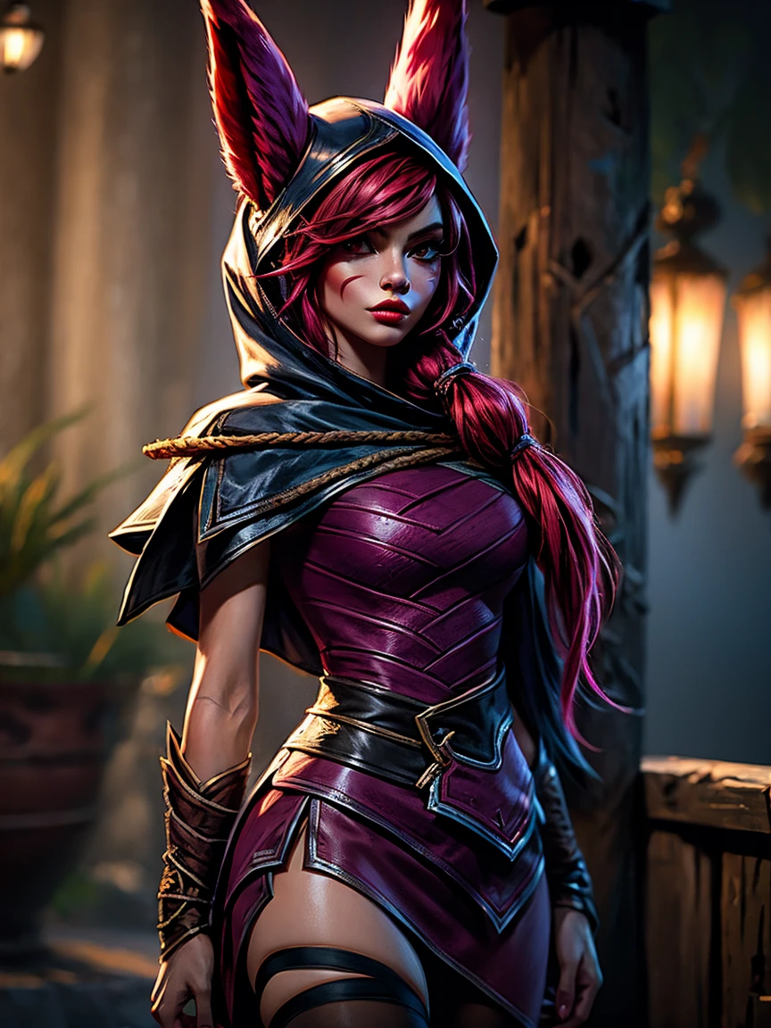 1 girl, afterimage, rote Haar, breasts, pull clothes, Animal ears, (xayah Hoodie), (xayah Cape), Cowboy-shot, contrasting sleeves, looking down at viewer, Head out of frame, xayah (League of Legends), lips, Long hair, medium breasts, alone, tight attire, tight Hose