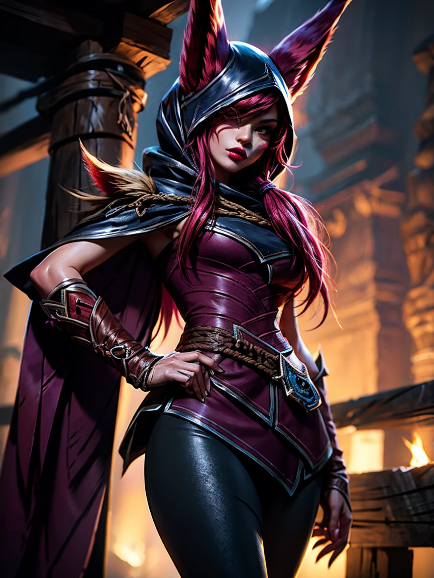 1 girl, afterimage, rote Haar, breasts, pull clothes, Animal ears, (xayah Hoodie), (xayah Cape), Cowboy-shot, contrasting sleeves, looking down at viewer, Head out of frame, xayah (League of Legends), lips, Long hair, medium breasts, alone, tight attire, tight Hose