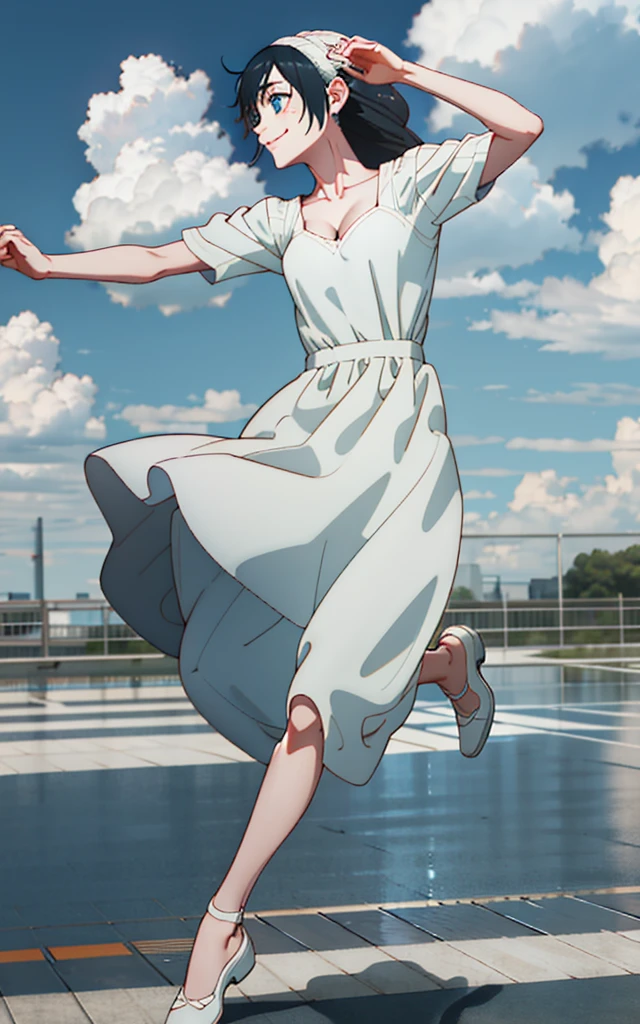 masterpiece, Highest quality, High Definition, High Resolution, single, alone, blue sky、Cumulonimbus、profile、Long Hair、Black Hair、fatigue、smile、Smile、Bitter smile、Small beautiful breasts、Uplifting、White Dress、Dancing、Cleavage, Bouncing、Sweaty, Dance、drenched,Dynamic Posing、 Drops running down my feet, Extra inseam, Three-dimensional feeling of body parts, Realistic skin texture, White skin, Drizzling