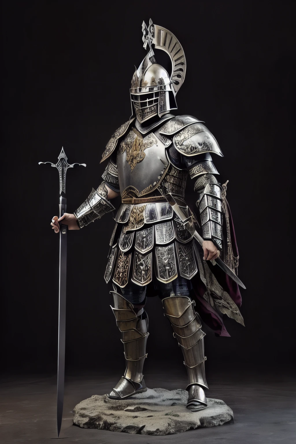 close-up of a statue of a man in armor with a sword, Ancient Soldier, in thick full bronze armor, Ares in heavy armor and sword, Ancient armor, armored warrior, armored warrior, Realistic armor, Ancient Warrior, Dressed in Spartan armor, silver armor male warrior, Ancient Greek armor with ornaments, Traditional Roman armor, Dressed in ancient battle armor