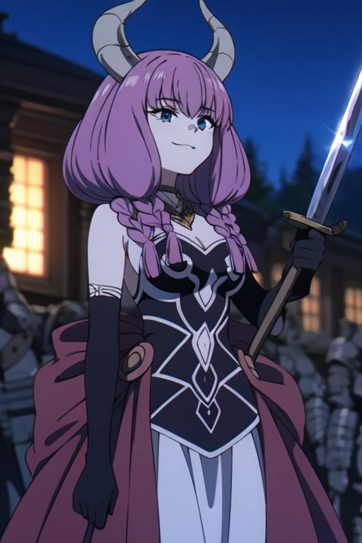 (((Best quality))),((Ultra-detailed)),((illustration)),((Disheveled hair)),((frilld)),(1 girl), 1girl,armor,blurry,breasts,cape,elbow gloves,gloves,holding,holding sword,holding weapon,horns,long hair,outdoors,over shoulder,pink hair,sky,smile,solo,sword,weapon,(weapon over shoulder:1.4),