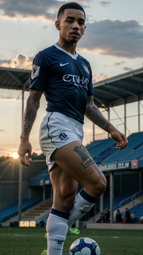 (Best Quality), (Full HD), (Gabriel Jesus), (Afternoon), (Sunset), (Soccer field), (Soccer Match), (Dark blue uniform and white).