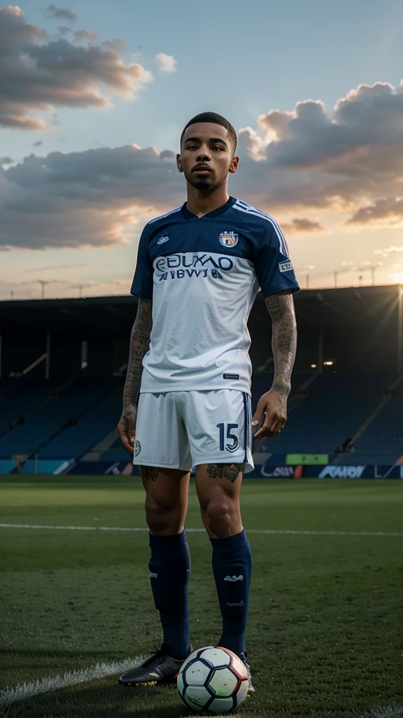 (Best Quality), (Full HD), (Gabriel Jesus), (Afternoon), (Sunset), (Soccer field), (Soccer Match), (Dark blue uniform and white).