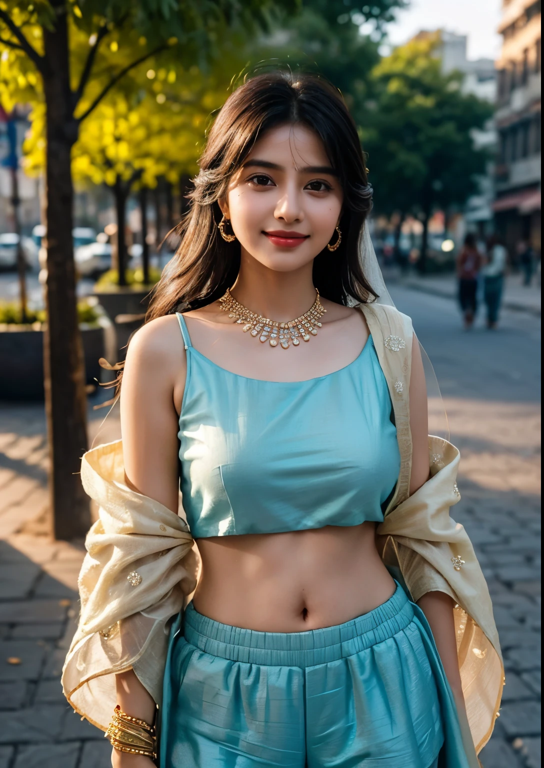 (((desi girl))), chubby face, natural skin, wearing hot deep neck top and dupatta, charming black hair, ((hair ends are blonde)), city streets background,(wearing simple jewellery), round Young Breast, bright light, long_hair, Bokeh, indian ,tree branch, colourfull,princess dress((choli:1.2,dupatta:1:2shorts;1.4)), smile, pretty, cute, 4k, 8k, CG unity 8k wallpaper, depth of field, ray tracing