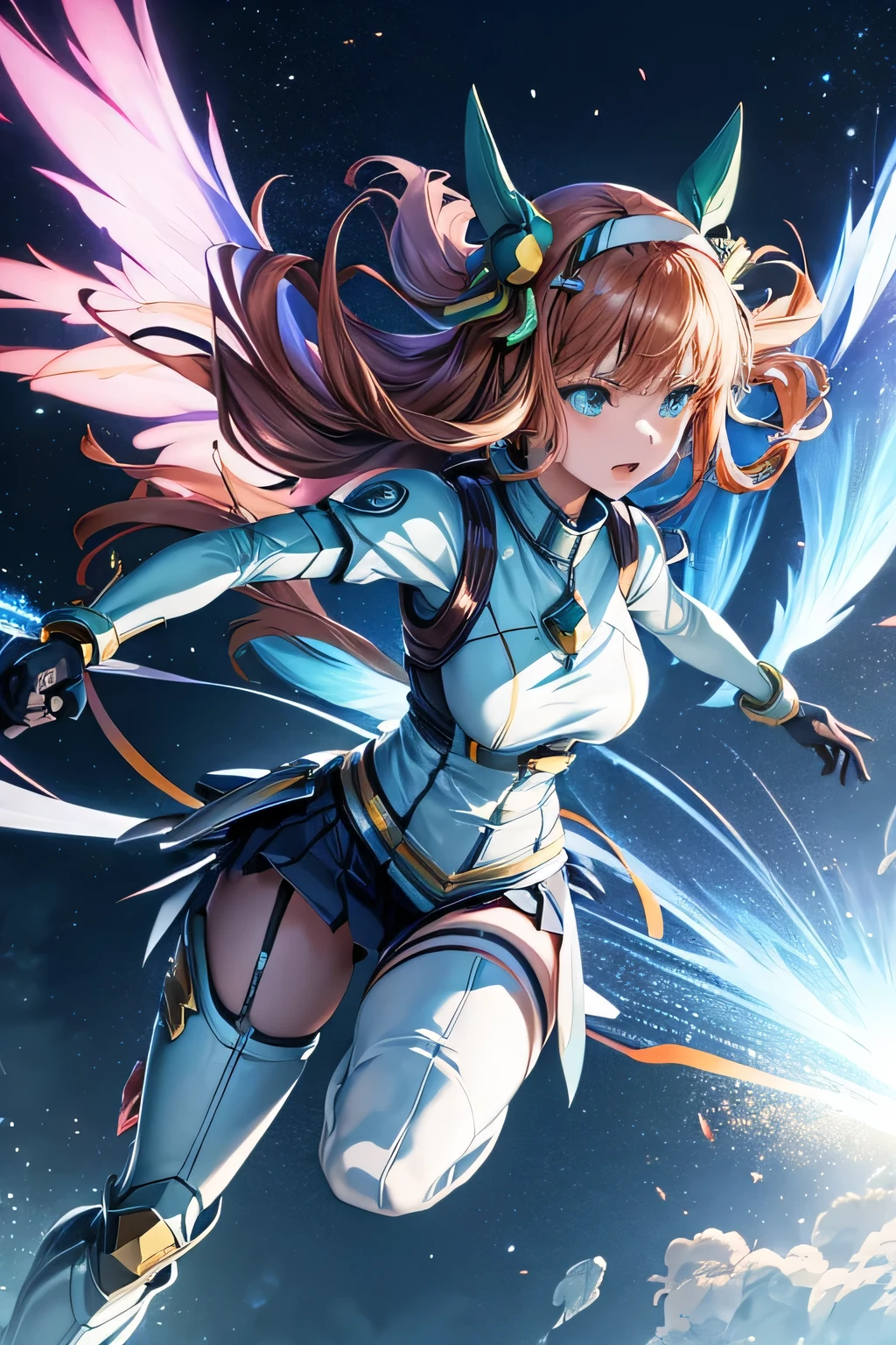 Anime girl with wings in a futuristic setting, Female Action Anime Girl, Girl wearing mecha cyber armor, (Mecha Wings), female action anime, (fighting stance),