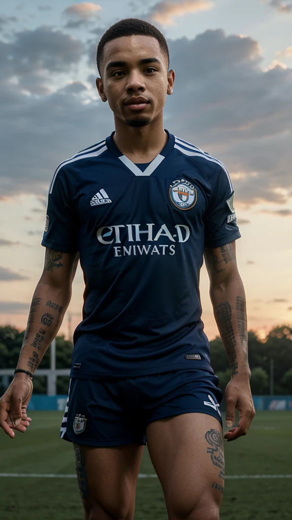 (Best Quality), (Full HD), (Gabriel Jesus), (Afternoon), (Sunset), (Soccer field), (Soccer Match), (Dark blue uniform and white).