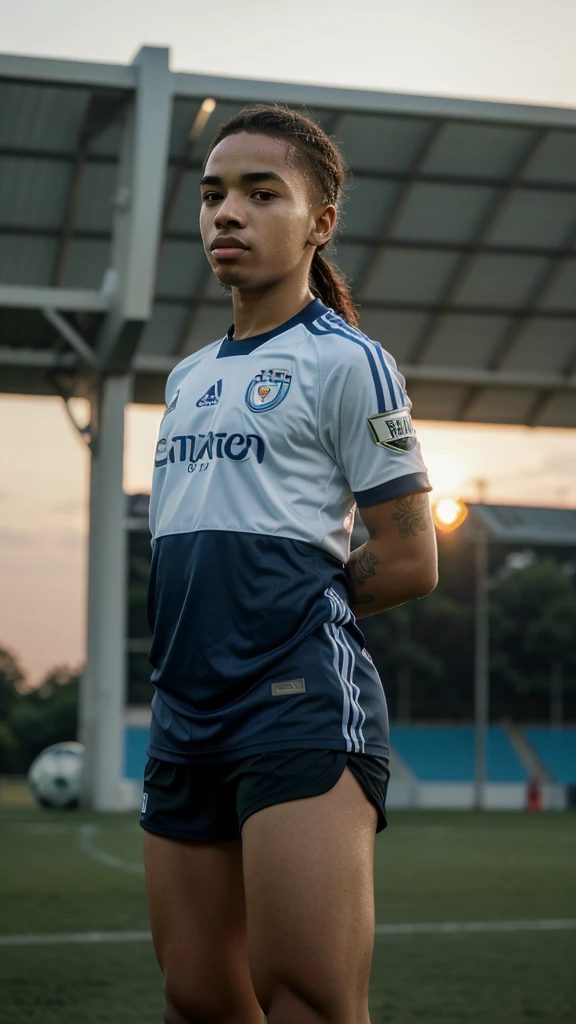 (Best Quality), (Full HD), (Gabriel Jesus), (Afternoon), (Sunset), (Soccer field), (Soccer Match), (Dark blue uniform and white).