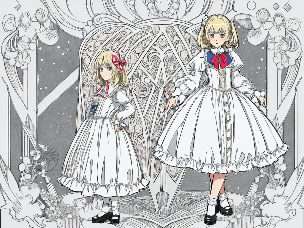 (masterpiece, Highest quality, Highest quality, Official Art, beautifully、aesthetic: 1.2), (1人のgirl: 1.3), Very detailed, (Line art),Line art,Rough pen drawing,(Complex Lines),(masterpiece),(Highest quality:1.1), (Super detailed),Best illustrations,In detail,Hand-painted high quality, (pale colour), (Desaturate), High Contrast,80s anime, (80s Vinyl Anime), (The outline is roughly drawn in pencil.:1.3),Set the lines a little thicker, girl,alone,A girl like Alice in Wonderland,(Intricate details:1.3),(Detailed Background:1.2),(色ed background:1.1),sketch,Intricate details,High resolution, Magical World、(Magic School)、Inside the library、(Light flies), Slanted Eyes, Low nose, Blonde, ribbon, 不思議の国のアリスをイメージしたgirl, ta Fashion, Bob Hair, Thick-soled shoes, The outline is roughly drawn in pencil.のよう, Set the lines a little thicker, Slanted Eyes, Low nose, Blonde, ribbon, 不思議の国のアリスをイメージしたgirl, Loliashion, Bob Hair, Thick-soled shoes, pale colour,