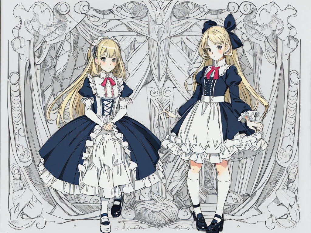 (masterpiece, Highest quality, Highest quality, Official Art, beautifully、aesthetic: 1.2), (1人のgirl: 1.3), Very detailed, (Line art),Line art,Rough pen drawing,(Complex Lines),(masterpiece),(Highest quality:1.1), (Super detailed),Best illustrations,In detail,Hand-painted high quality, (pale colour), (Desaturate), High Contrast,80s anime, (80s Vinyl Anime), (The outline is roughly drawn in pencil.:1.3),Set the lines a little thicker, girl,alone,A girl like Alice in Wonderland,(Intricate details:1.3),(Detailed Background:1.2),(色ed background:1.1),sketch,Intricate details,High resolution, Magical World、(Magic School)、Inside the library、(Light flies), Slanted Eyes, Low nose, Blonde, ribbon, 不思議の国のアリスをイメージしたgirl, Lolita Fashion, Bob Hair, Thick-soled shoes, The outline is roughly drawn in pencil.のよう, Set the lines a little thicker, Slanted Eyes, Low nose, Blonde, ribbon, 不思議の国のアリスをイメージしたgirl, Lolita Fashion, Bob Hair, Thick-soled shoes, pale colour,