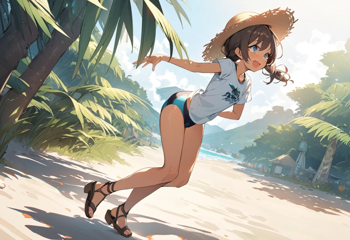 BREAK Perfect Anatomy、(High resolution:1.2)、Incredible illustrations、(Cute illustrations:1.2)、
()(dynamic angle,) (Beautiful background(sandy beach, morning sun))
1girl((brown hair,twin tails, tanned skin: 1.3,blue eyes,fang)1girl((a girl,slender 1.7meters, 45kg, ((Straw hat, short T-shirt, sandals,Competitive swimsuit),,cameltoe,)),