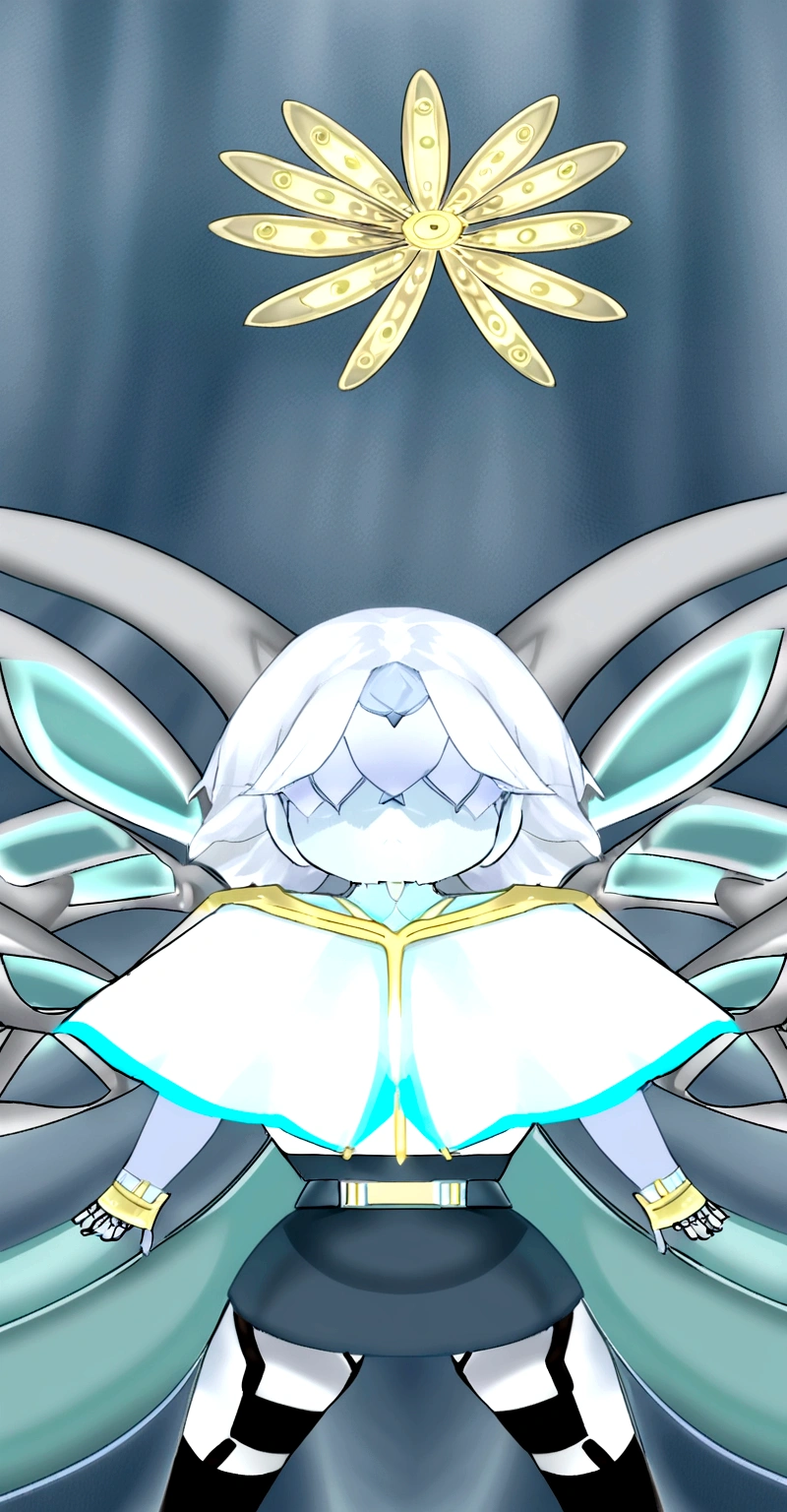 Angel light blue skin short wavy white hair with bangs that cover the eyes skeletal wings