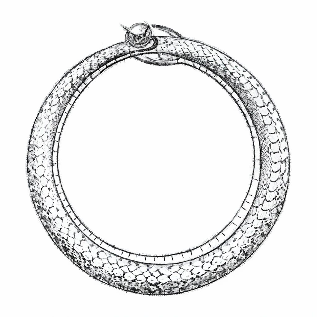 Draw for me: a snake eating its own tail in a circle, in the middle of the circle a large divine eye, on the right side of the serpent angel wings, and on the left demonic wings, above the serpent a divine halo full of eyes