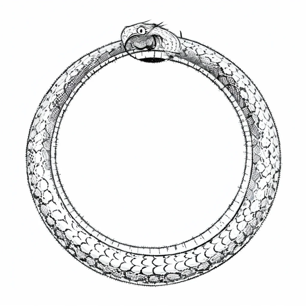 Draw for me: a snake eating its own tail in a circle, in the middle of the circle a large divine eye, on the right side of the serpent angel wings, and on the left demonic wings, above the serpent a divine halo full of eyes